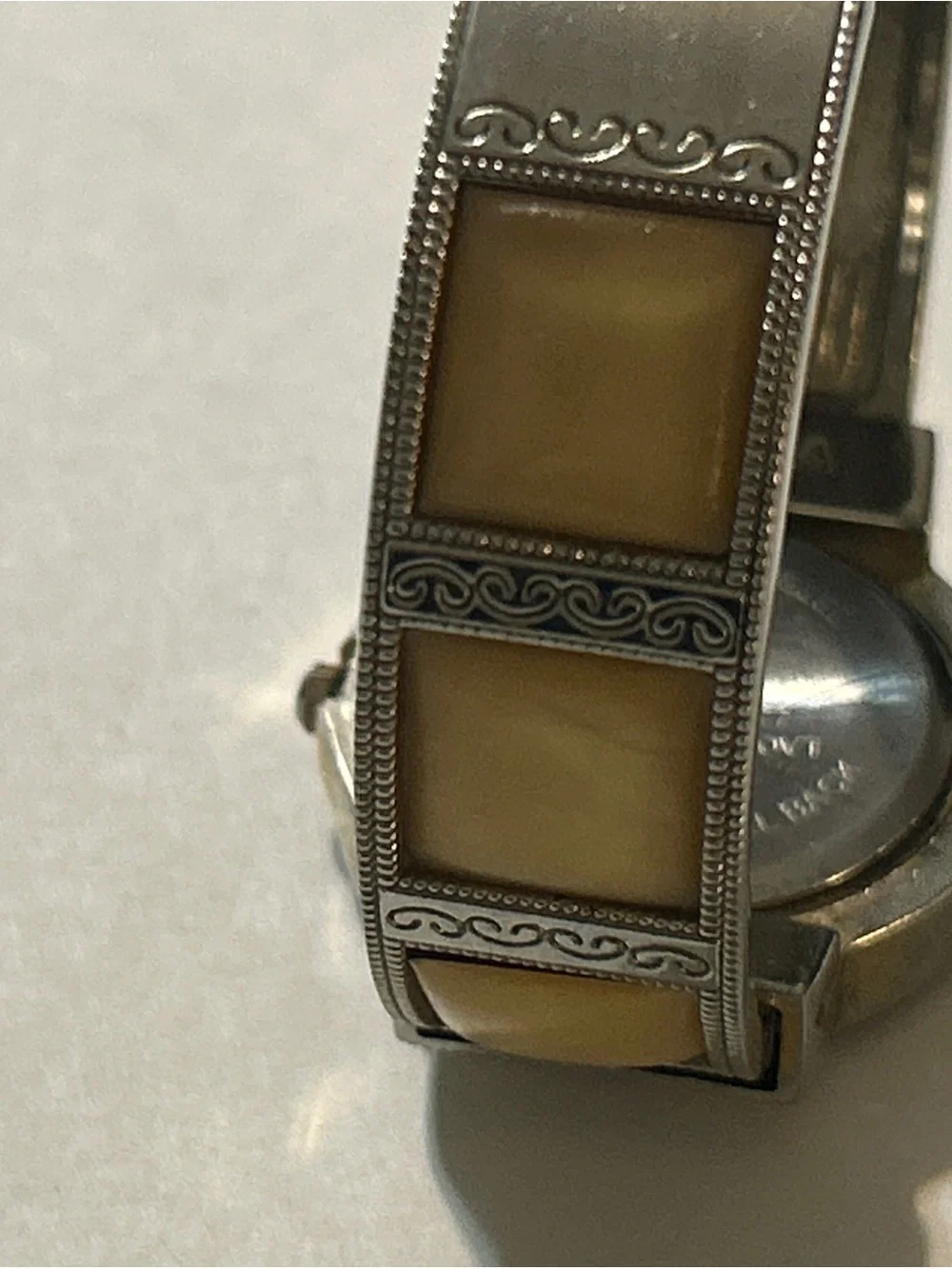 Working Studio Time Cream Enamel Rhinestone Halo Hinged Cuff Watch Y2K